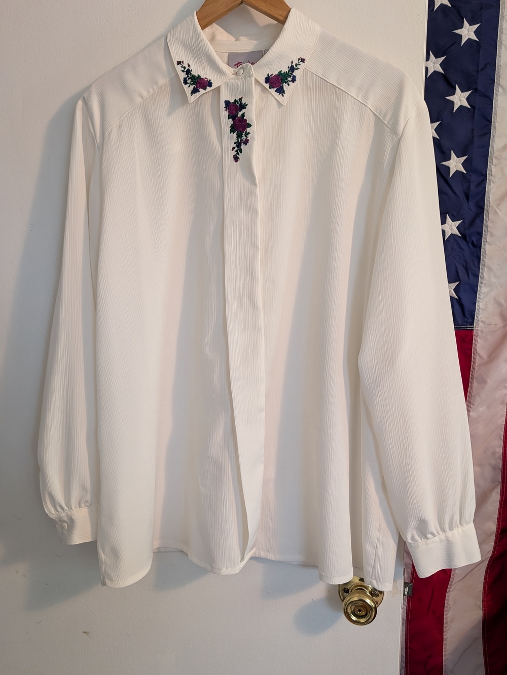 Embroidered Collar White Button-Down Blouse